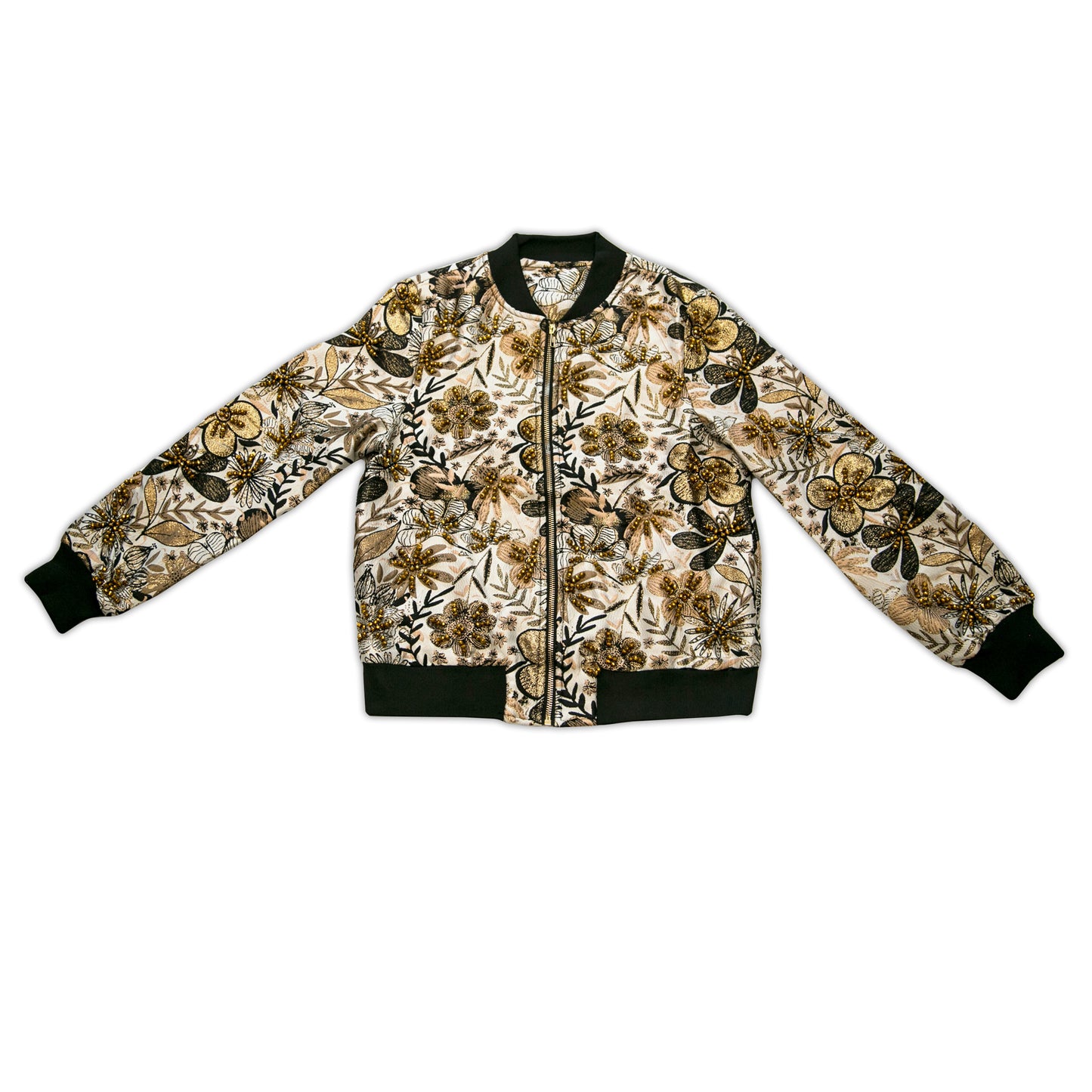 Hand-beaded, Vintage, Embroidered Varsity Jacket - Black and Gold