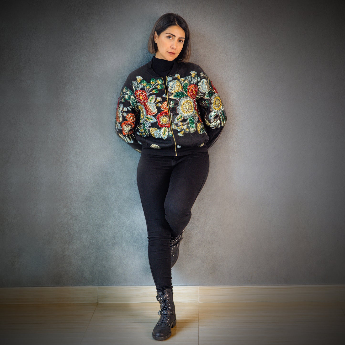 Hand-beaded, Vintage, Embroidered Varsity Jacket - Black Silk