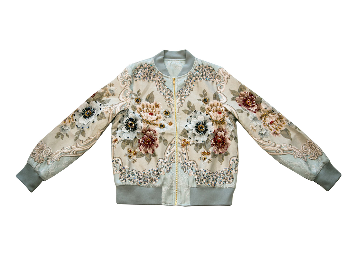Hand-beaded, Vintage, Embroidered Varsity Jacket - Light Blue