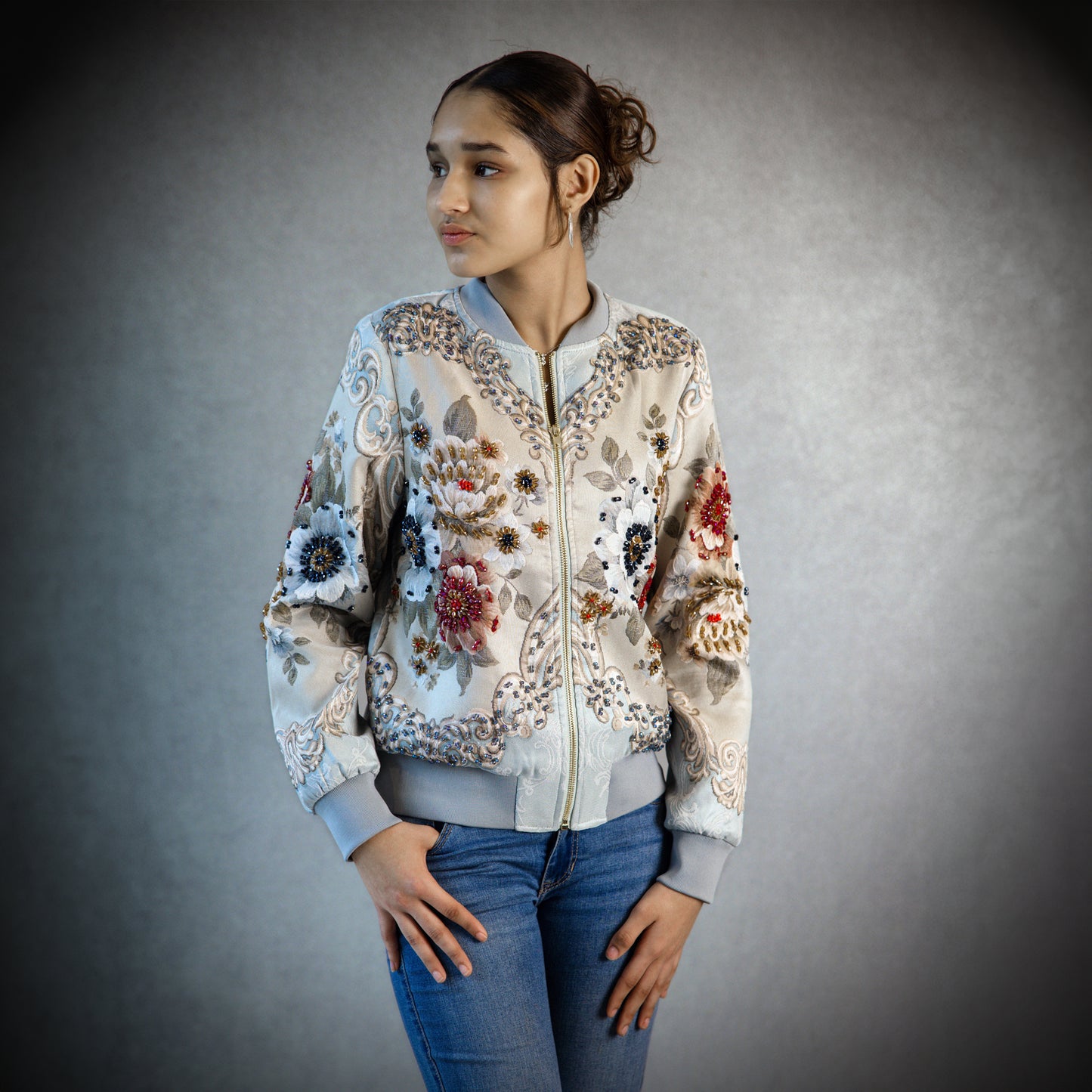 Hand-beaded, Vintage, Embroidered Varsity Jacket - Light Blue