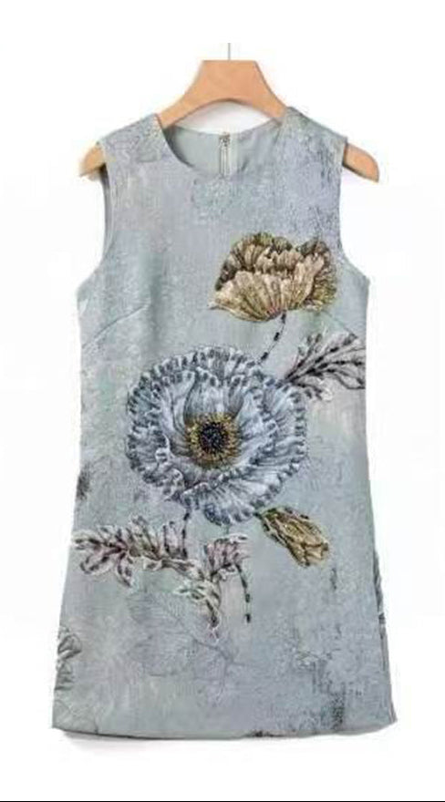 Hand-beaded, Vintage, Embroidered Dress - Light Blue