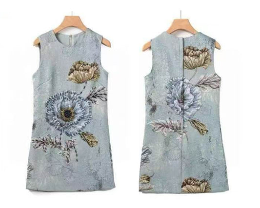 Hand-beaded, Vintage, Embroidered Dress - Light Blue